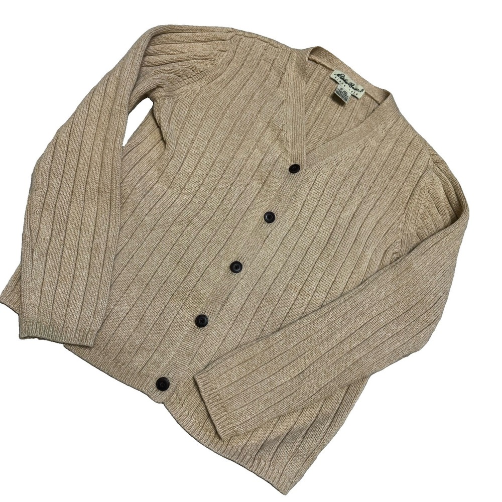 Eddie Bauer Women's Tan Beige Ribbed Knit Button-Down Cardigan Sweater XS Cotton